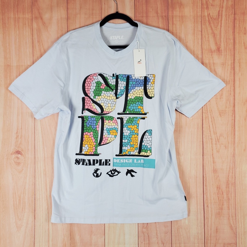 Staple Pigeon T Shirt Mens Large Light Blue Graphic Spellout Snakeskin Print